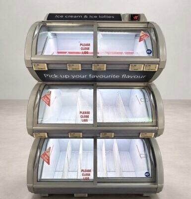 Triple Deck Ice Cream Display Freezer – Curved Glass – Commercial Scoop Freezer.